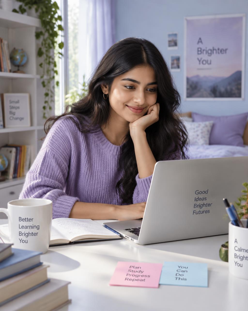 A student smiling while learning on her laptop